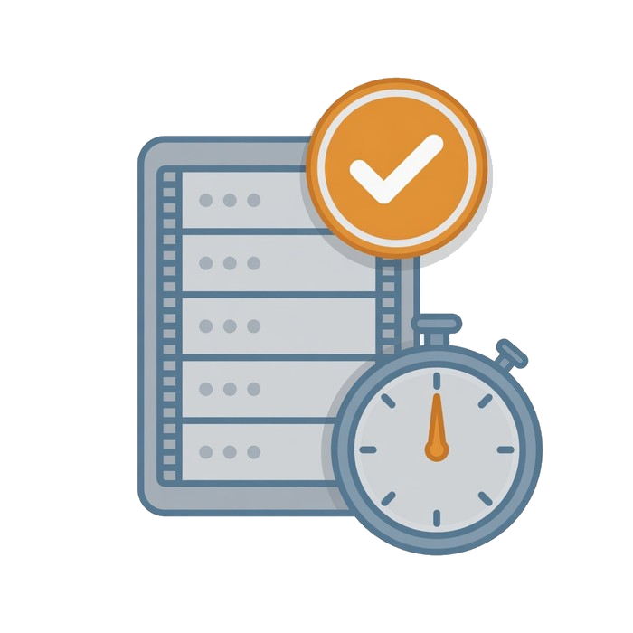 A server with a checkmark badge and a stopwatch, indicating an account ready immediately