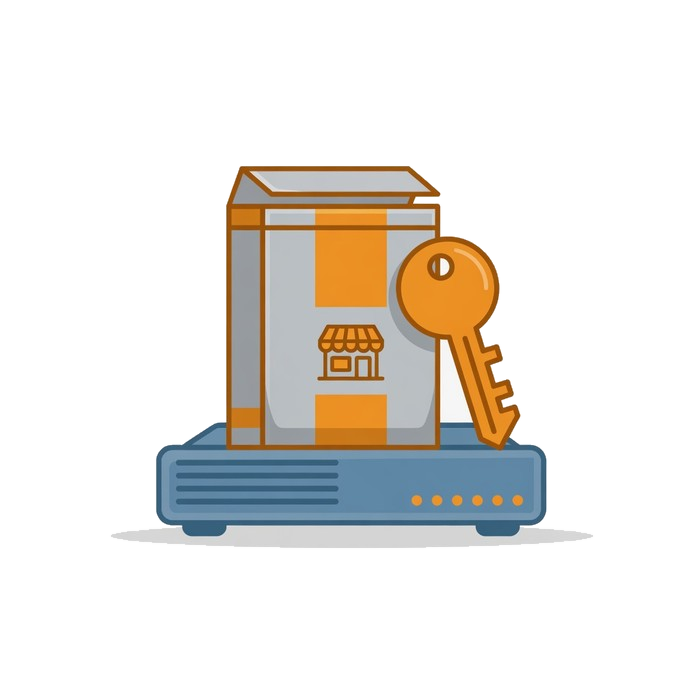 A licensed software package with a key, installed on a server